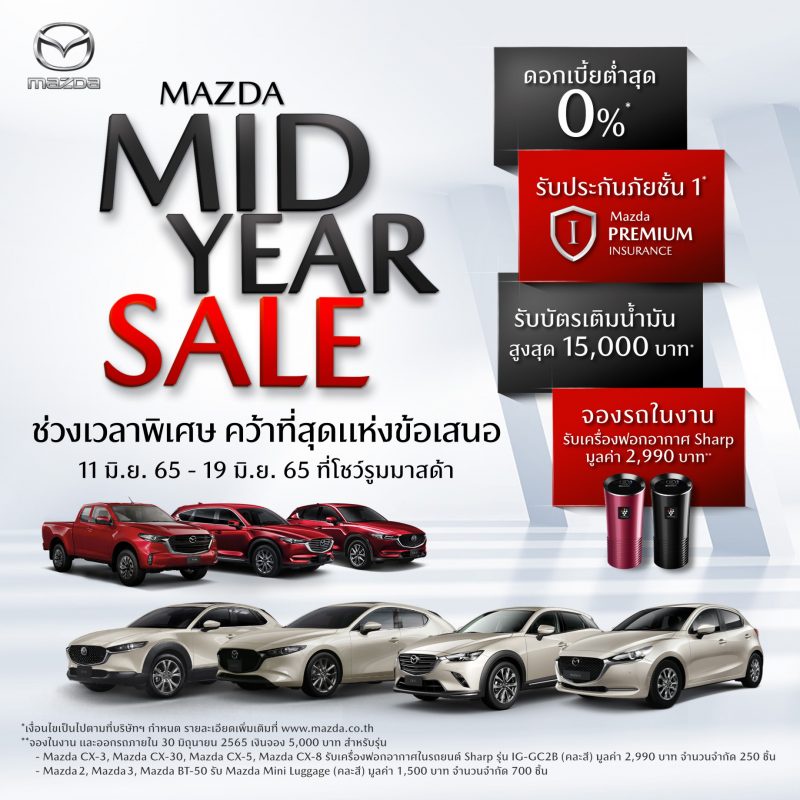Mazda offers 15,000 Baht fuel card and relieve the burden of cost of living with 0% interest rate and free first class insurance