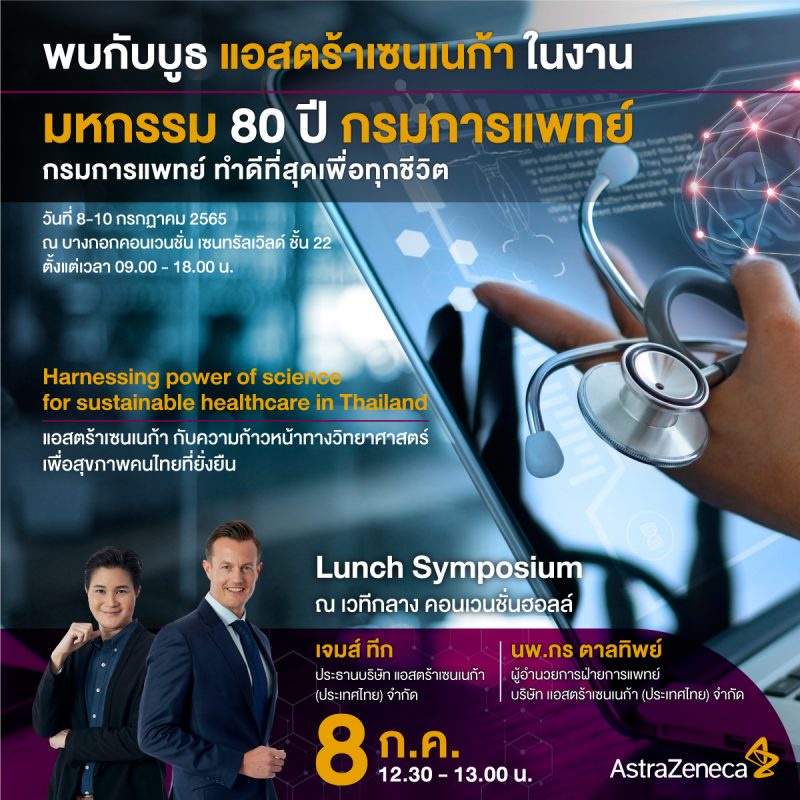 แอสตร้าเซนเนก้า เชิญชมนิทรรศการ แอสตร้าเซนเนก้ากับความก้าวหน้าทางวิทยาศาสตร์เพื่อสุขภาพคนไทยที่ยั่งยืน ในงาน มหกรรม 80 ปี กรมการแพทย์ วันที่ 8-10 ก.ค.