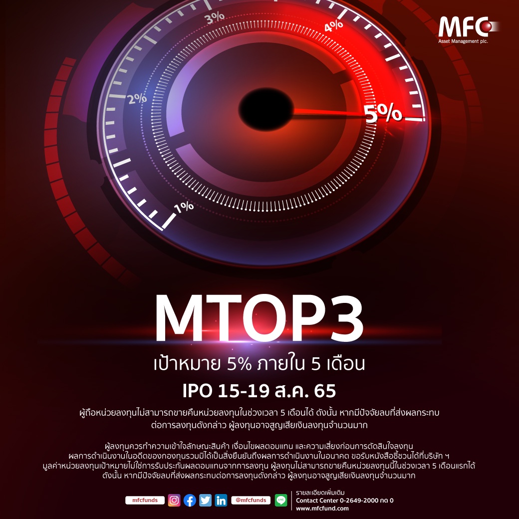 'MFC' เดินหน้าชูกองทุนเปิด 'MTOP3' ยืดหยุ่นสูง เพิ่มโอกาสเข้าซื้อหลักทรัพย์ไทยคุณภาพดี IPO 15-19 ส.ค.นี้