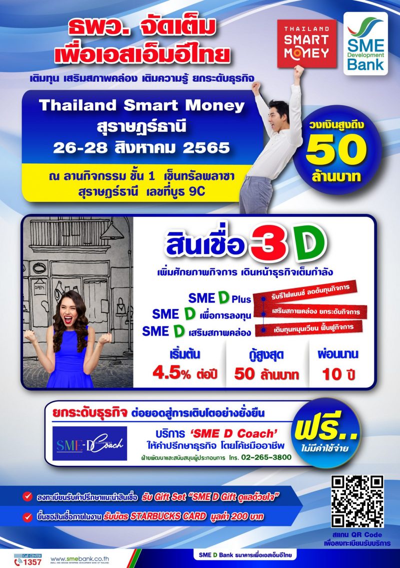 ธพว.จัดโปรพิเศษเพื่อ SMEsใต้ ในงาน 'Thailand Smart Money' จ.สุราษฎร์ธานี 'เติมทุน' วงเงินกู้สูงสุด 50 ลบ. มอบบริการ 'SME D Coach' ปรึกษาธุรกิจครบวงจรฟรี