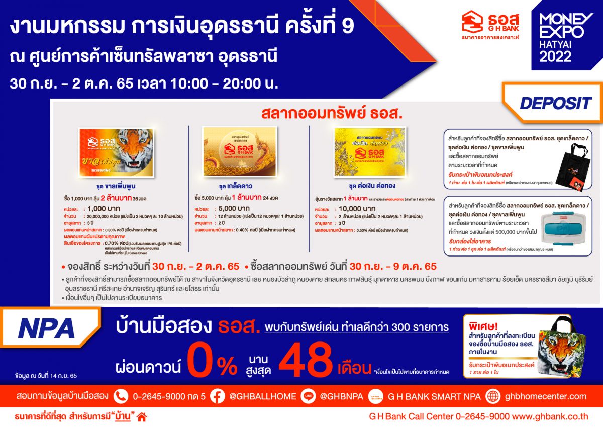 ธอส. ขนผลิตภัณฑ์ทางการเงินร่วมงาน Money Expo อุดรธานี ครั้งที่ 9 นำโดยสินเชื่อบ้านอัตราดอกเบี้ยต่ำปีแรกเพียง 2.60% ต่อปี