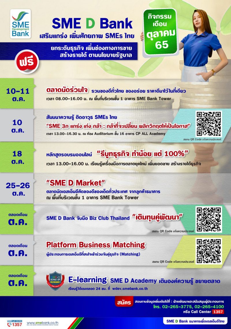 SME D Bank จัดให้ 7 โปรแกรมดี๊ดี ตลอดเดือน ต.ค. 65 หนุนเอสเอ็มอีเสริมศักยภาพ เพิ่มยอดขาย สร้างรายได้สุดปัง!