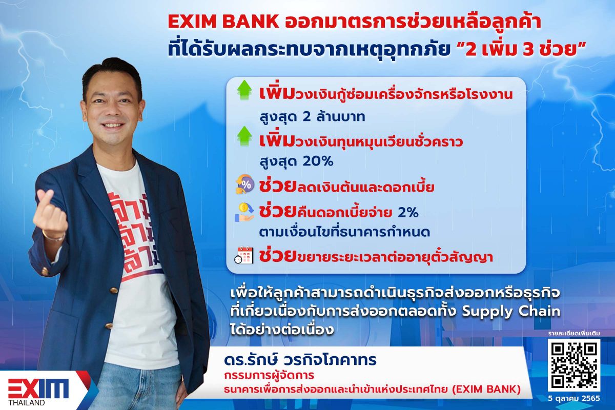 EXIM BANK ออกมาตรการช่วยเหลือลูกค้าที่ได้รับผลกระทบจากอุทกภัย