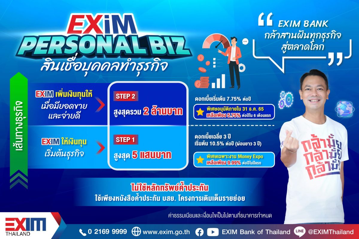 EXIM BANK เปิดตัวสินเชื่อบุคคลทำธุรกิจ (EXIM Personal Biz) ตอกย้ำบทบาท กล้า ปลดล็อกสนับสนุน คนตัวเล็ก เริ่มต้นธุรกิจเกี่ยวข้องกับการส่งออก