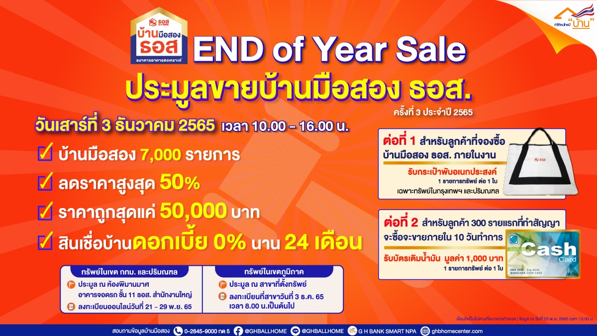 End of Year Sale : ประมูลบ้านมือสอง ธอส. เสาร์ที่ 3 ธันวาคม 2565 ลดราคาสูงสุดถึง 50% ราคาต่ำสุดเริ่มต้นแค่ 5 หมื่นบาท