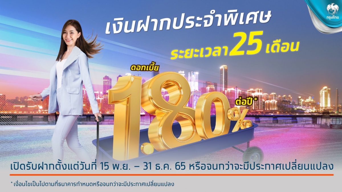 กรุงไทย สนับสนุนคนไทยออมเงิน ออกเงินฝากประจำพิเศษ 25 เดือน ดอกเบี้ยคงที่ 1.8% ต่อปี เปิดรับฝากถึง 31 ธ.ค.65