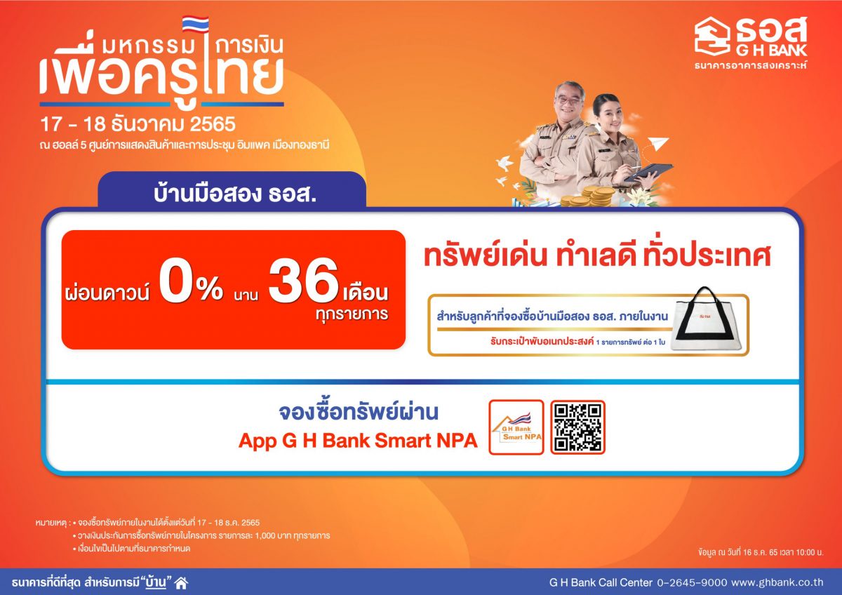 ธอส. ช่วยเหลือครู จัดทำมาตรการแก้ไขหนี้ ลดดอกเบี้ย 0% ผ่อนชำระ 1,000 บาท นาน 2 ปี ในงานมหกรรมการเงินเพื่อครูไทย