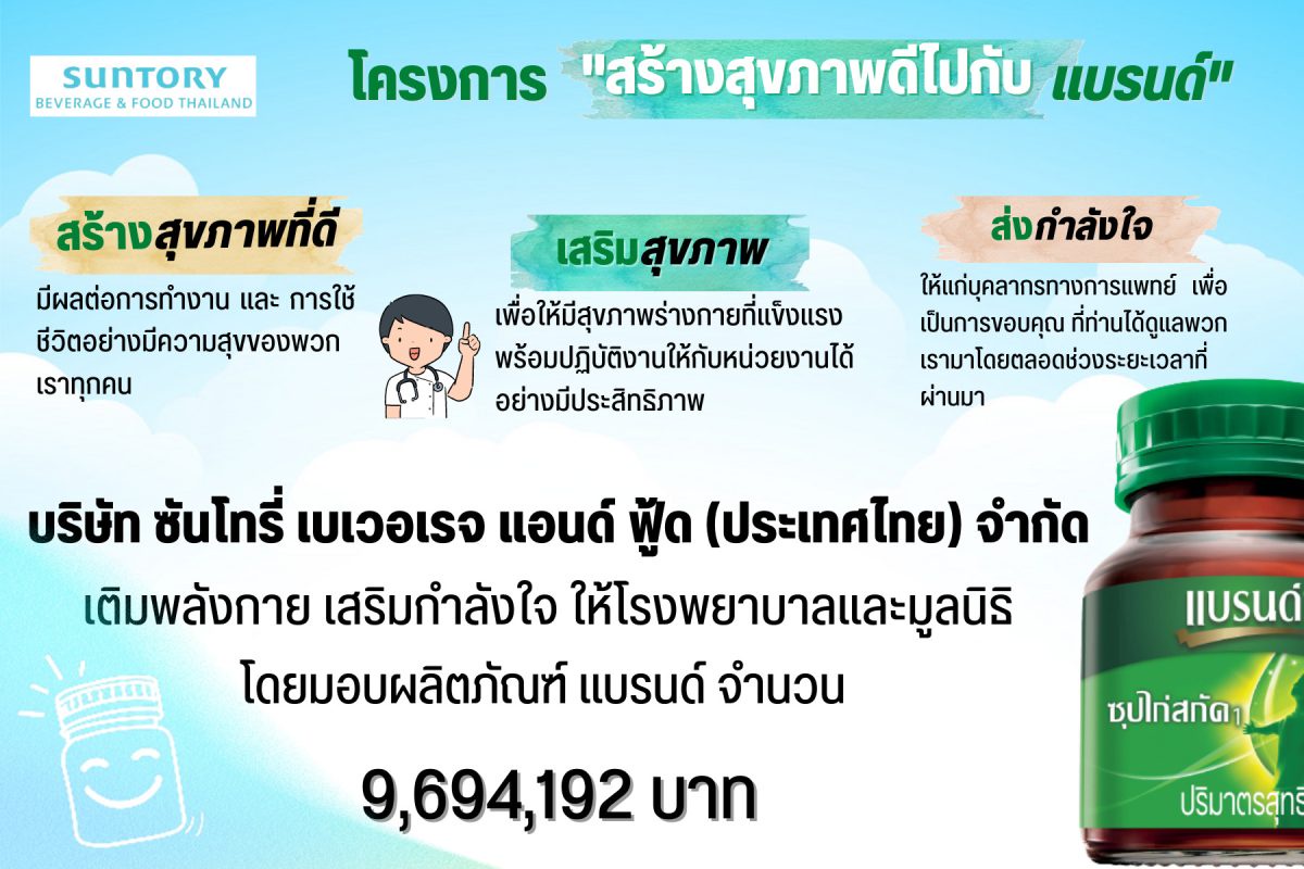 ซันโทรี่ เบเวอเรจ แอนด์ ฟู้ด (ประเทศไทย) สานต่อค่านิยม 'Giving Back to Society' มอบผลิตภัณฑ์ 'แบรนด์' รวมมูลค่ากว่า 9.6