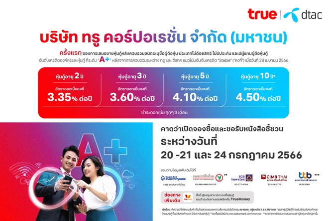 True Set to Offer a New A Rated Debentures to Investors with Coupon Rates of 3.35-4.50% per Annum The Issuances Expected on 20-21 and 24 July 2023