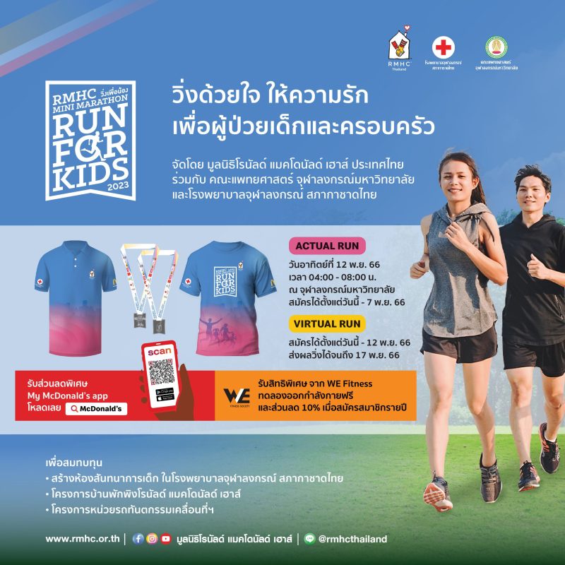 มูลนิธิโรนัลด์ แมคโดนัลด์ เฮาส์ ประเทศไทย ร่วมกับ คณะแพทยศาสตร์ จุฬาฯ และโรงพยาบาลจุฬาลงกรณ์ สภากาชาดไทย ชวนร่วมงานวิ่งการกุศล'RMHC Mini Marathon Run For Kids 2023'
