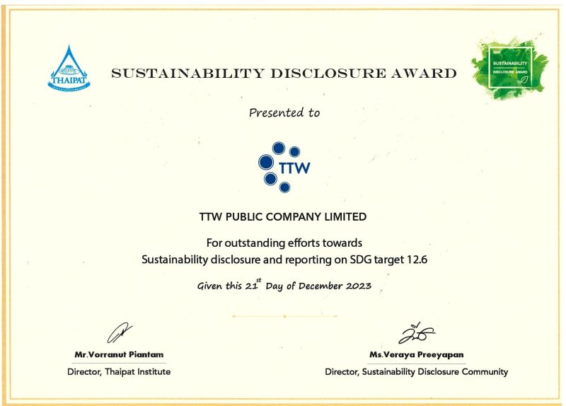 TTW รับรางวัลเกียรติคุณ Sustainability Disclosure Award ประจำปี 2566 จากสถาบันไทยพัฒน์ ต่อเนื่องเป็นปีที่ 5 สะท้อนให้เห็นถึงการพัฒนาองค์กรสู่ความยั่งยืน