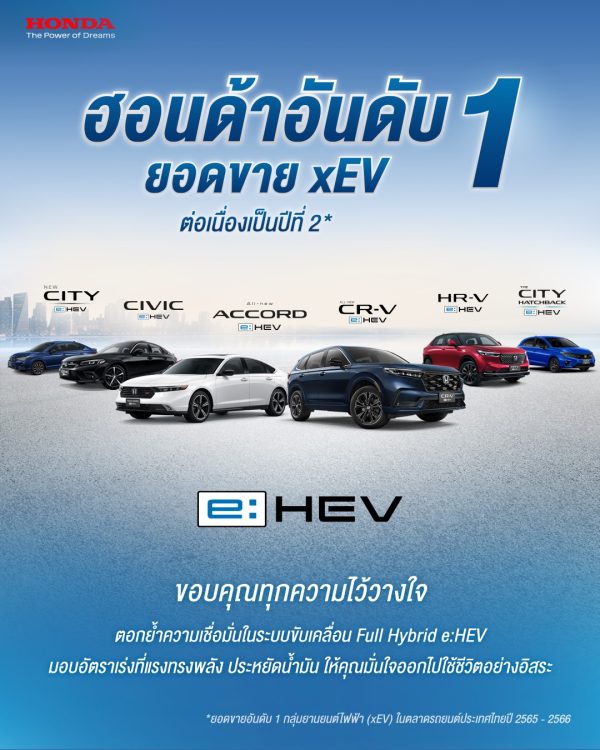 ฮอนด้า ครองตำแหน่งอันดับ 1 ยอดขายกลุ่ม xEV ต่อเนื่องเป็นปีที่ 2 ตอกย้ำความเชื่อมั่นระบบฟูลไฮบริด e:HEV