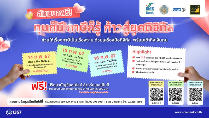 SME D Bank รู้ใจเอสเอ็มอีไทย จัดสัมมนาฟรี ทุนก็มี ภาษีก็รู้ ก้าวสู่ยุคดิจิทัล เปลี่ยนเรื่องภาษีเป็นเรื่องง่าย กระจายจัดใน 3 จังหวัดภาคเหนือ วันที่ 14-16 ก.พ. 67