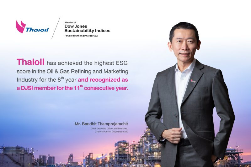 Thaioil has achieved the highest ESG score in the Oil Gas Refining and Marketing Industry for the 8th year and recognized as a DJSI member for the 11th consecutive