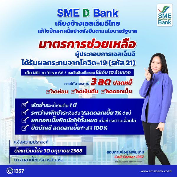 SME D Bank ช่วยแก้หนี้เอสเอ็มอีได้รับผลกระทบจากโควิด-19 ตามนโยบายรัฐบาล เดินหน้ามาตรการบรรเทาภาระการเงิน พักชำระหนี้เงินต้น 1 ปี แถมลดดอกเบี้ย 1%
