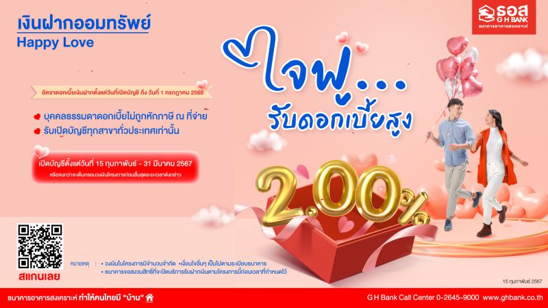 ธอส. มอบของขวัญในเดือนแห่งความรัก กับ เงินฝากออมทรัพย์ Happy Love อัตราดอกเบี้ยสูงถึง 2.00% ต่อปี เปิดบัญชีได้ตั้งแต่วันนี้ ถึง 31 มีนาคม 2567