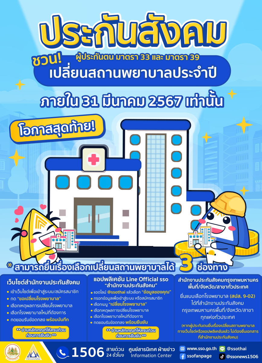 ประกันสังคม ชวน ! ผู้ประกันตนเปลี่ยน รพ. ภายใน 31 มี.ค.นี้ เท่านั้น