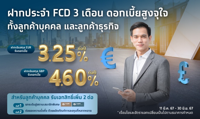 กรุงไทย เพิ่มทางเลือกให้ผู้ฝากเงิน ออกบัญชีเงินฝากประจำ 3 เดือน ดอกเบี้ยสูงจุใจ เงินยูโร รับดอกเบี้ย 3.25% ต่อปี และเงินปอนด์ รับดอกเบี้ย 4.60 % ต่อปี ทั้งลูกค้าบุคคล และลูกค้าธุรกิจ