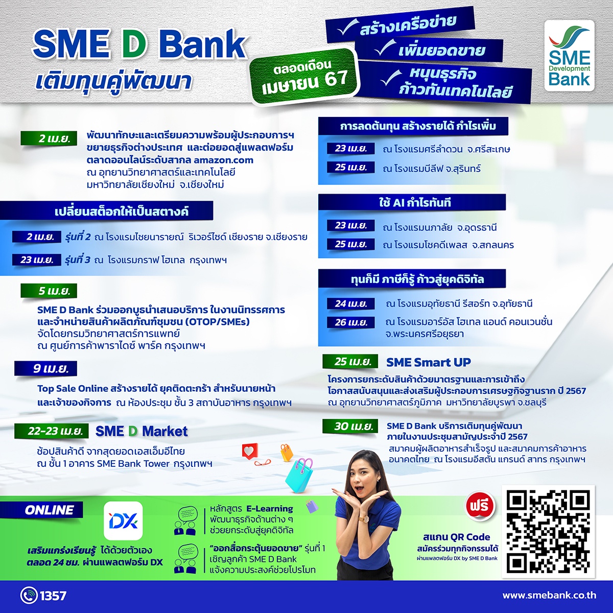 SME D Bank จัดขบวน 'เติมทุนคู่พัฒนา'เสริมแกร่งเอสเอ็มอีตลอดเดือน เม.ย. สร้างโอกาสธุรกิจ ขยายตลาด เพิ่มความสามารถการแข่งขัน ก้าวทันเทคโนโลยี